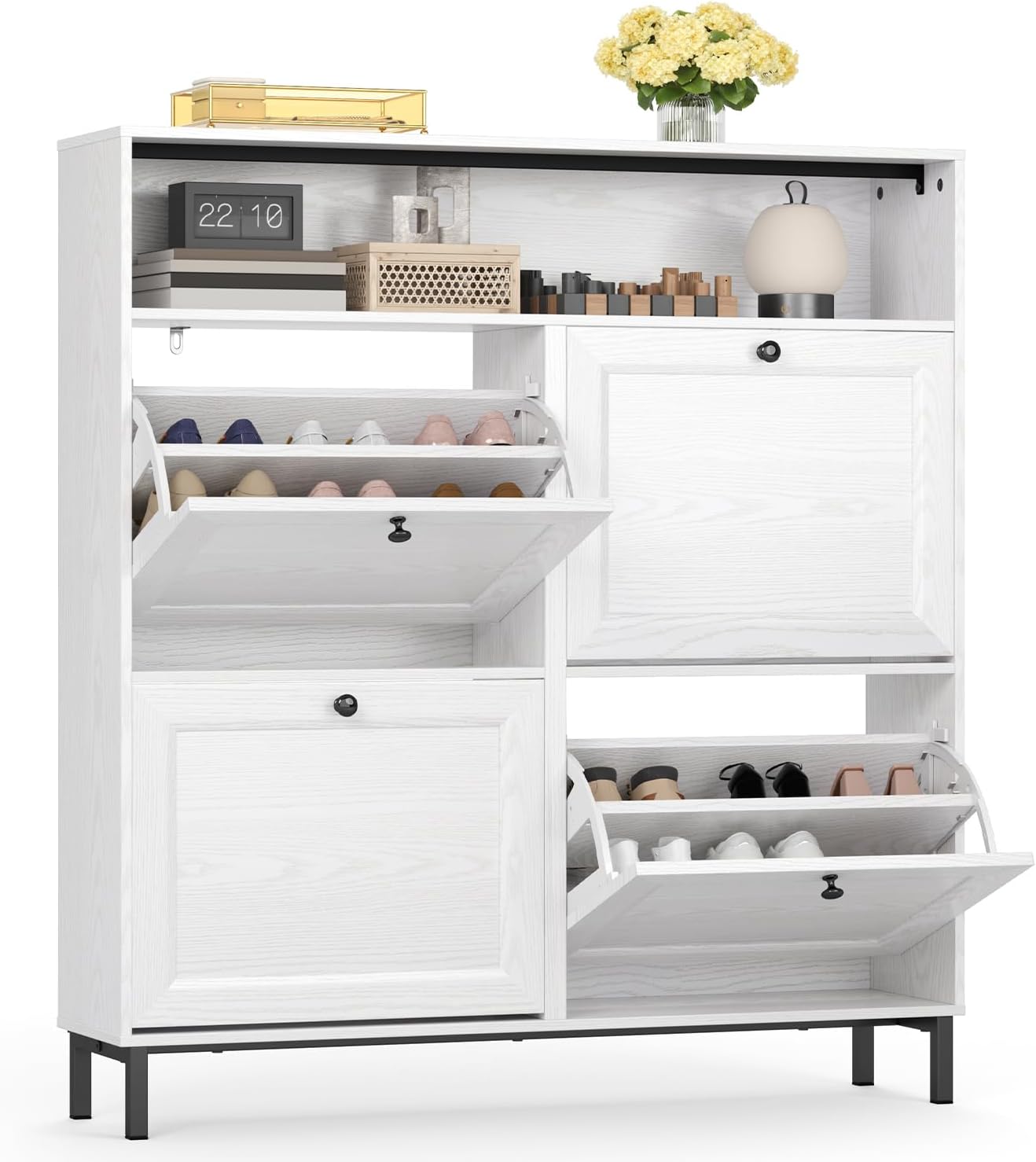 Schuhschrank mit 4 Klappen, Schuhablage Schuhschrank schmal Schuhregal mit offenen Ablagefächern, verstellbare Trennwände, für Diele, Flur, Garderobe, 100x108x24cm, Weiß