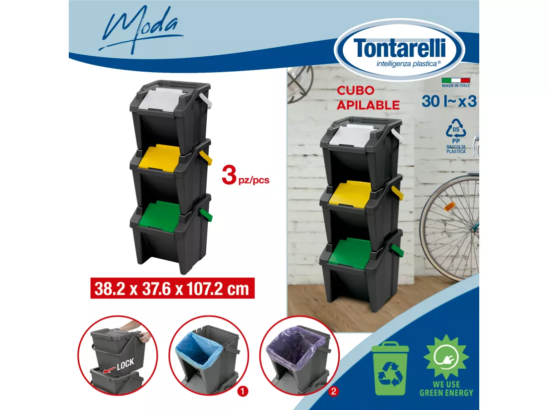Set de 3 poubelles empilables 30L + rouleau de 20 sacs poubelle à fermeture automatique 30L 38,2x37,6x37-107
