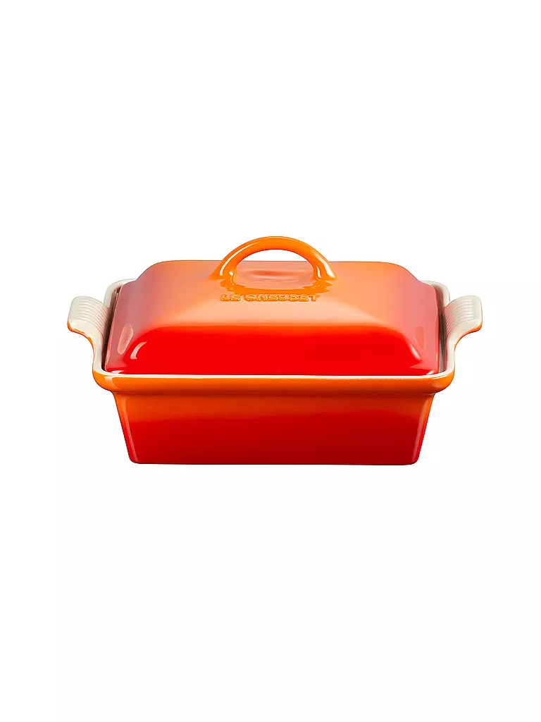 LE CREUSET Auflaufform 23cm Tradition mit Deckel aus Steinzeug quadratisch Ofenrot orange