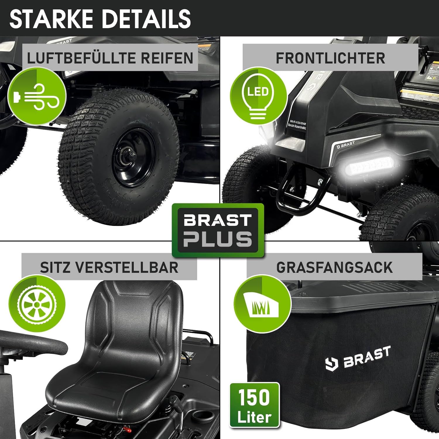 BRAST® Rasentraktor Benzin Aufsitzmäher | 5,15kW(7PS) | Elektrostart | XXL Schnittbreite 61cm | TÜV geprüft | Variable Geschwindigkeit | 150L Fangkorb | für mittlere bis große Rasenflächen