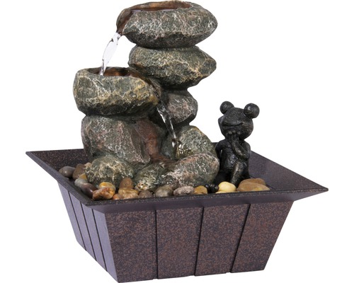 Design binnenfontein met decoratieve kikker, klein, 20x20x21,5 cm, kunststeen grijs, inclusief slang en pomp.