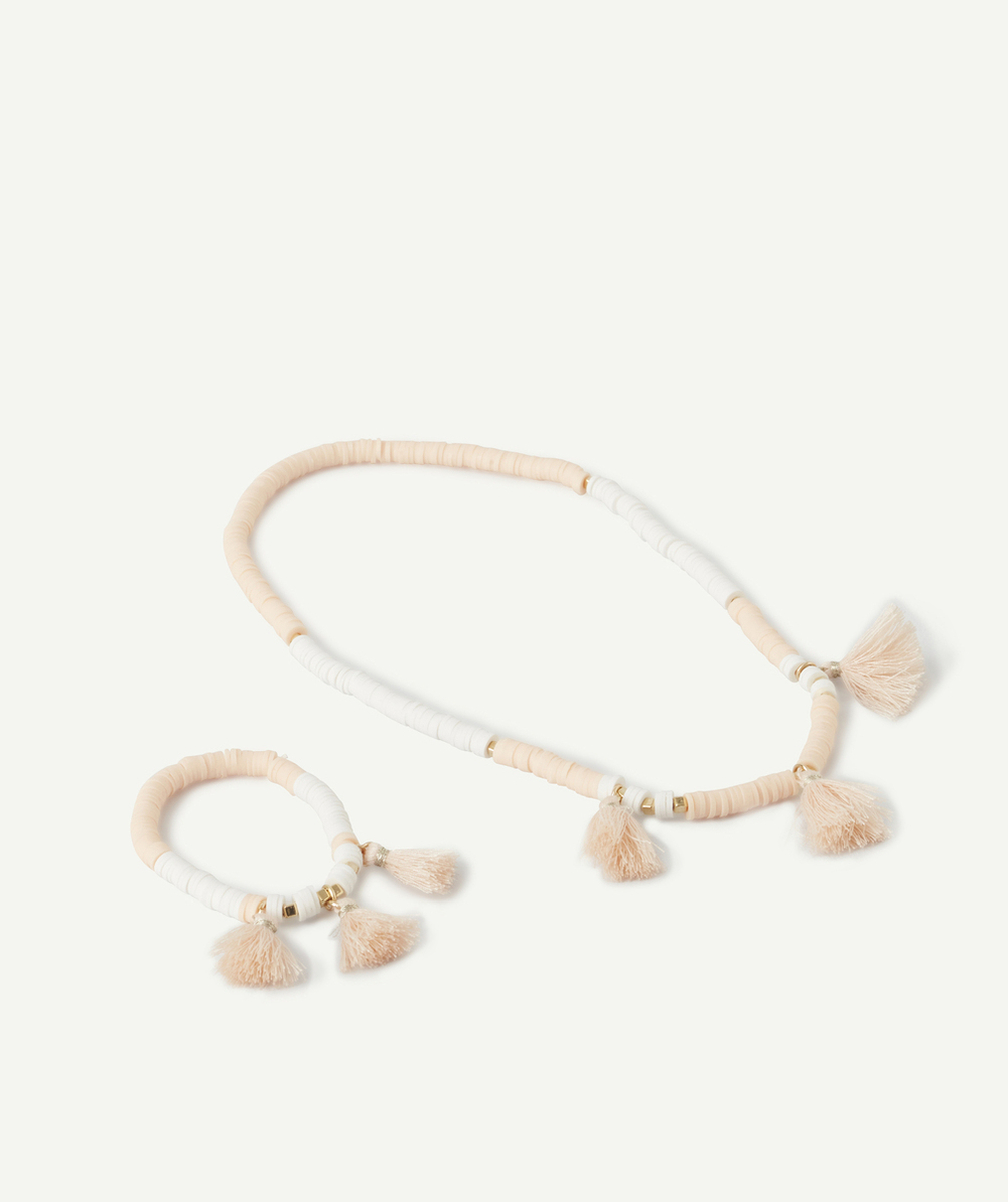 COLLIER ET BRACELET FILLE EN PERLES BLANCHES ET PASTEL AVEC POMPONS