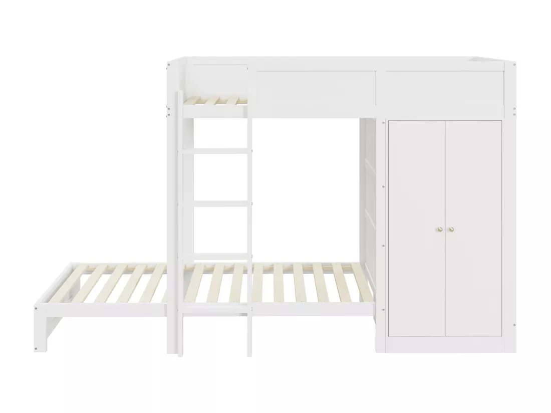Lit superposé 90x200cm, lit enfant avec armoire, barrière de sécurité haute, lit ado, blanc