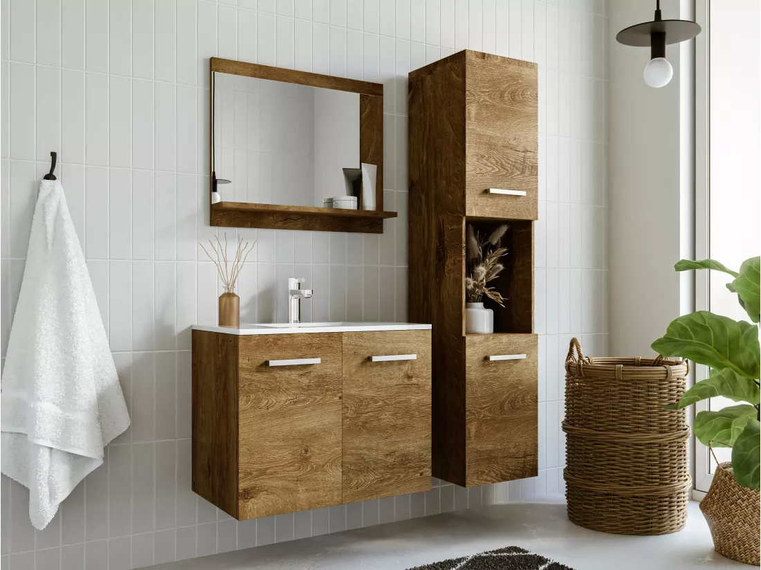 Colonne de salle de bain suspendue effet bois avec niche de rangement - L30 x P30 x H133 cm - MIELA II