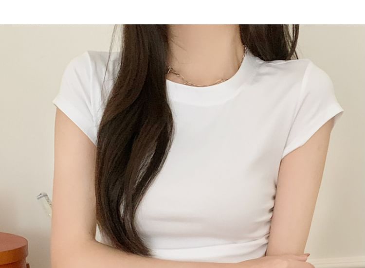 Dewbluen - T-shirt met korte mouwen en hoge hals, effen
