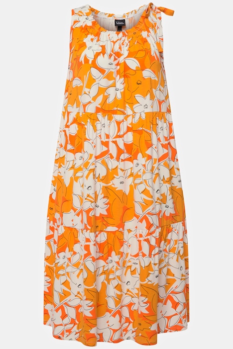 Midikleid, Blüten, Rundhals, Rüsche, Volants, ärmellos