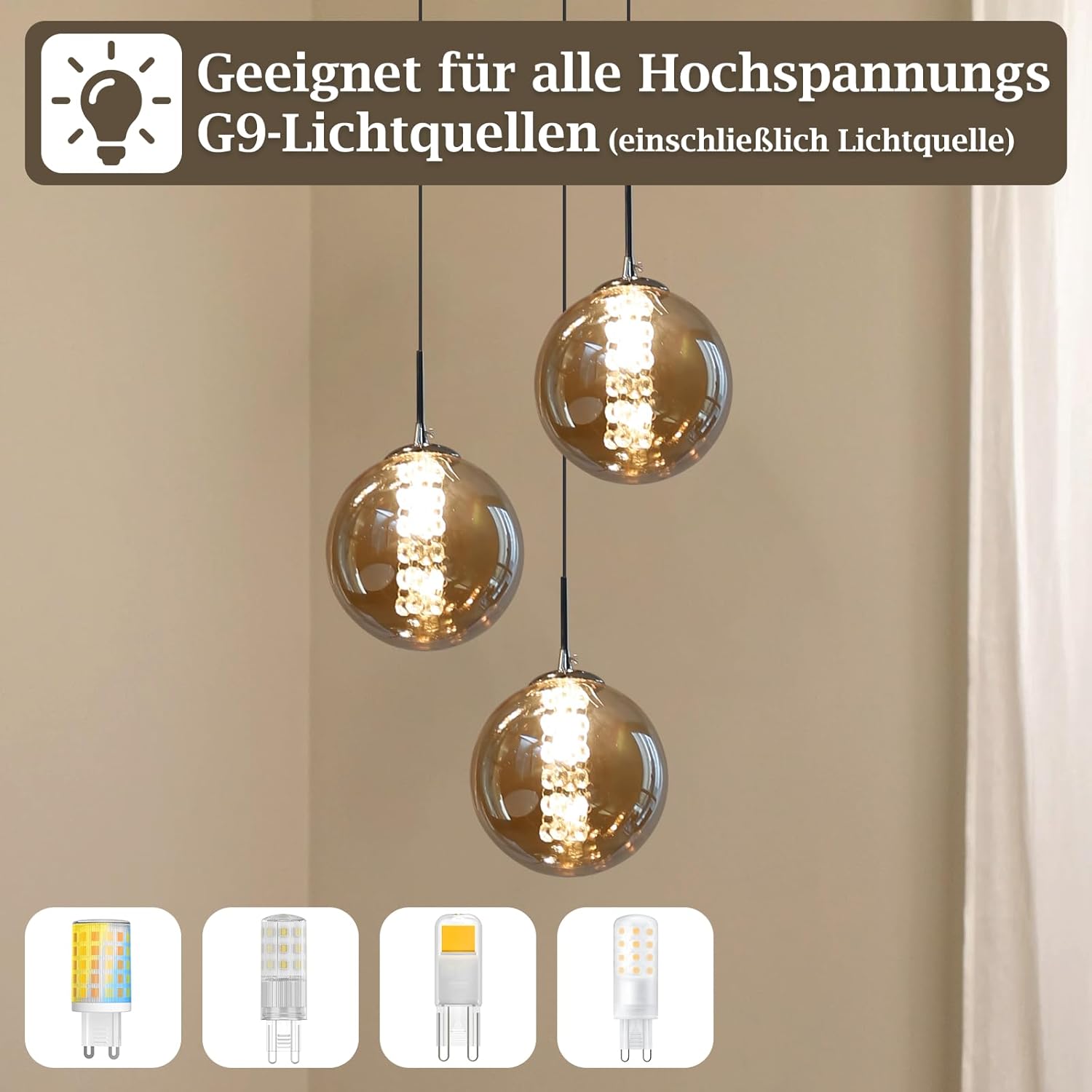 Pendelleuchte esstisch Pendellampe Höhenverstellbar Kronleuchter Hängeleuchte 3-Flammig aus Glas in Farbe Bernstein Küchen Wohnzimmerlampe Schlafzimmerlampe Flurlampe
