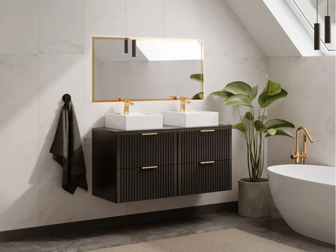 Meuble de salle de bain suspendu strié avec double vasque à poser carrée - Noir - L120 cm - ZEVARA