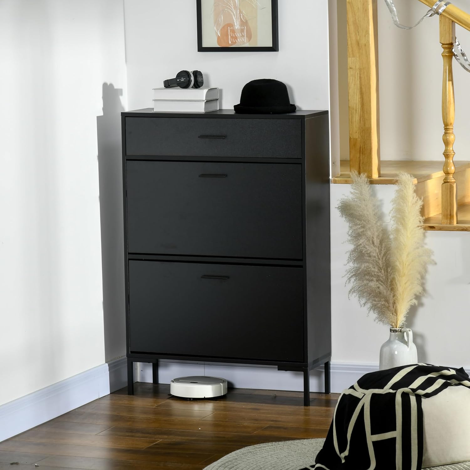 HOMCOM 3 Drawer Shoe Cabinet with 2 Flip Doors, Sliding Out Drawer and Adjustable Shelf for 12 Pairs of Shoes, Narrow Shoe Storage Cabinet for Hallway, Entryway, Black