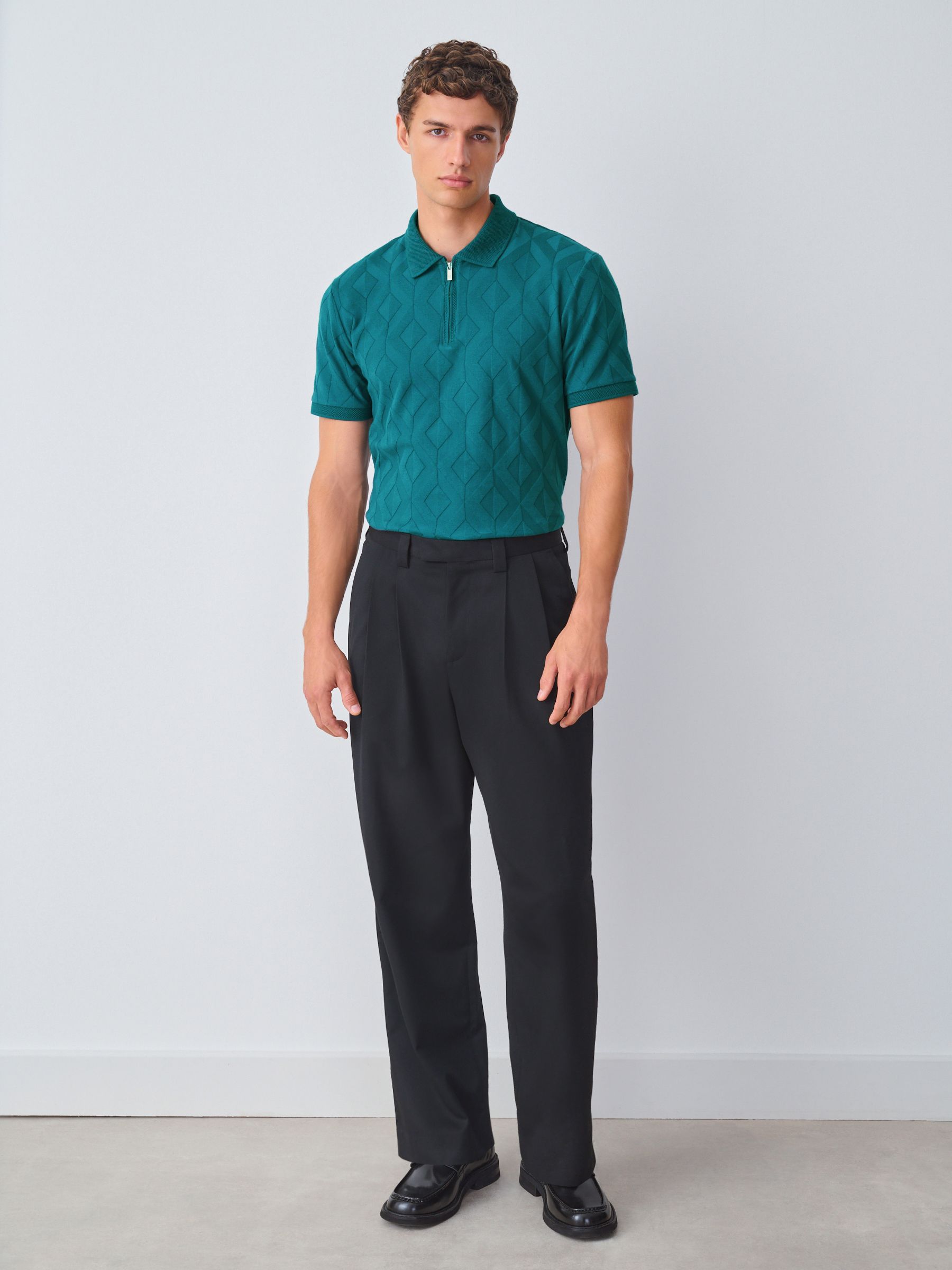 Blauwgroen - Normale Pasvorm - Net jacquard poloshirt