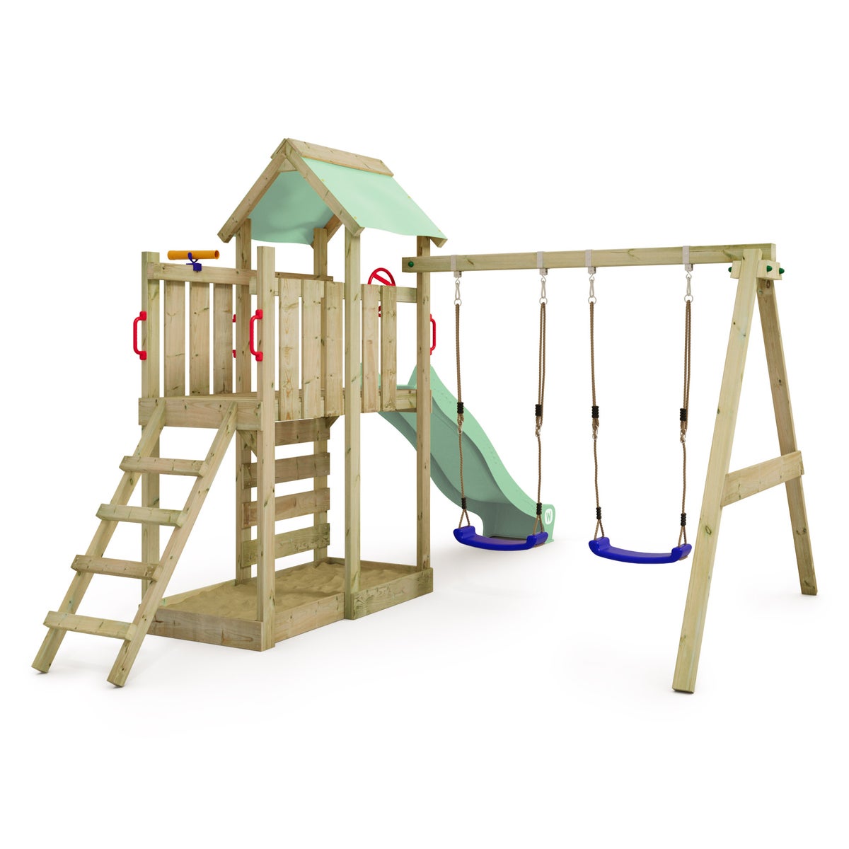 WICKEY MultiFlyer speeltoren klimtoestel met schommel en glijbaan, klimtoren met zandbak, ladder en speeltoebehoren – pastelgroen