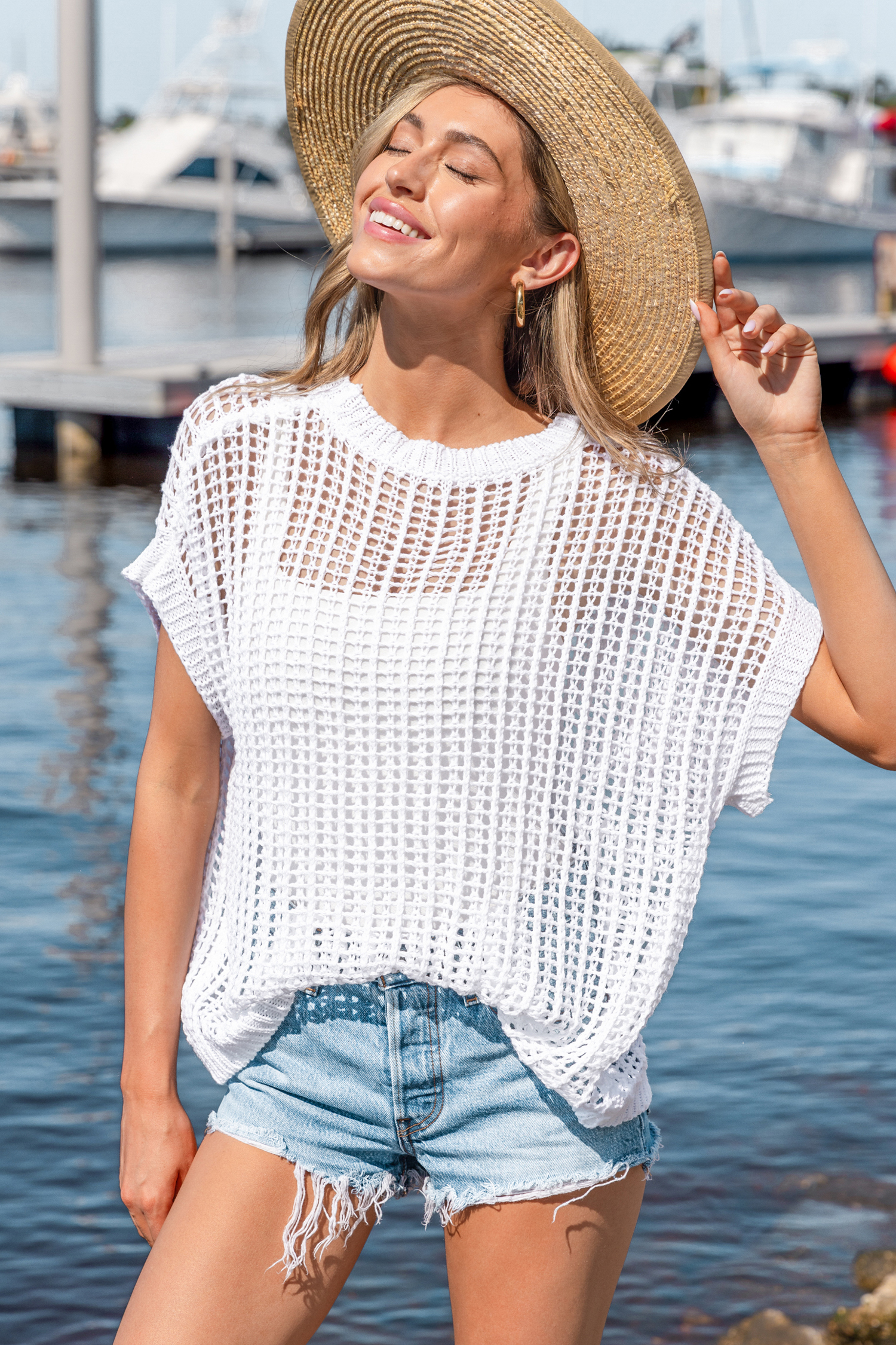 Haut cover up en tricot à col rond et manches courtes blanche