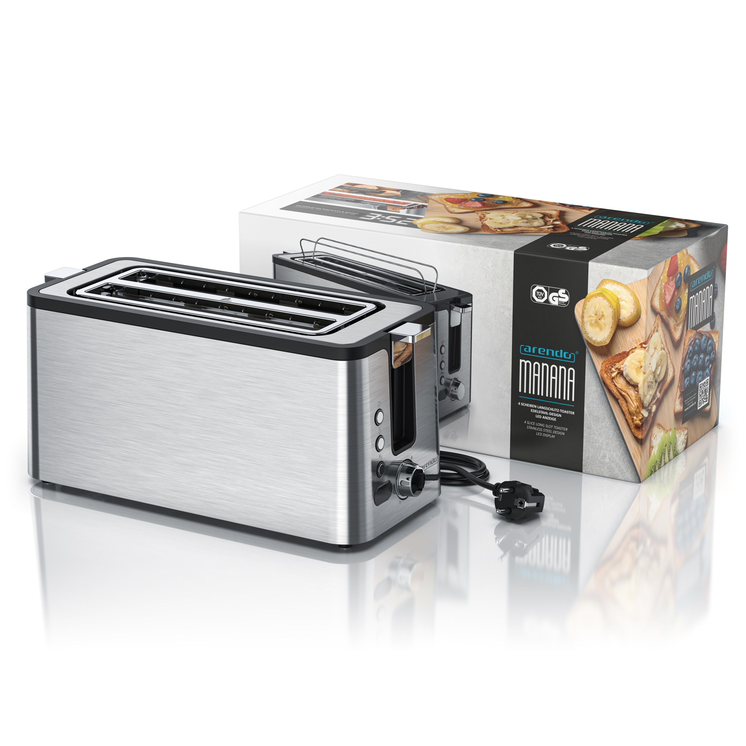 Arendo Edelstahl Toaster Langschlitz 4 Scheiben - Defrost Funktion - wärmeisolierendes Gehäuse - mit integrierten Brötchenaufsatz - Krümelschublade