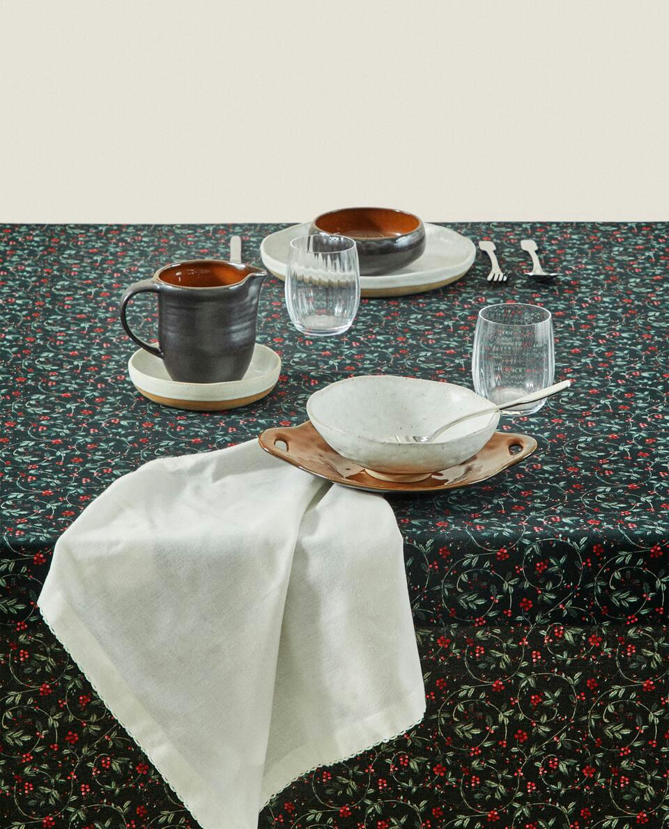 TOALHA DE MESA DE ALGODÃO COM ESTAMPA DE VINHAS DE NATAL