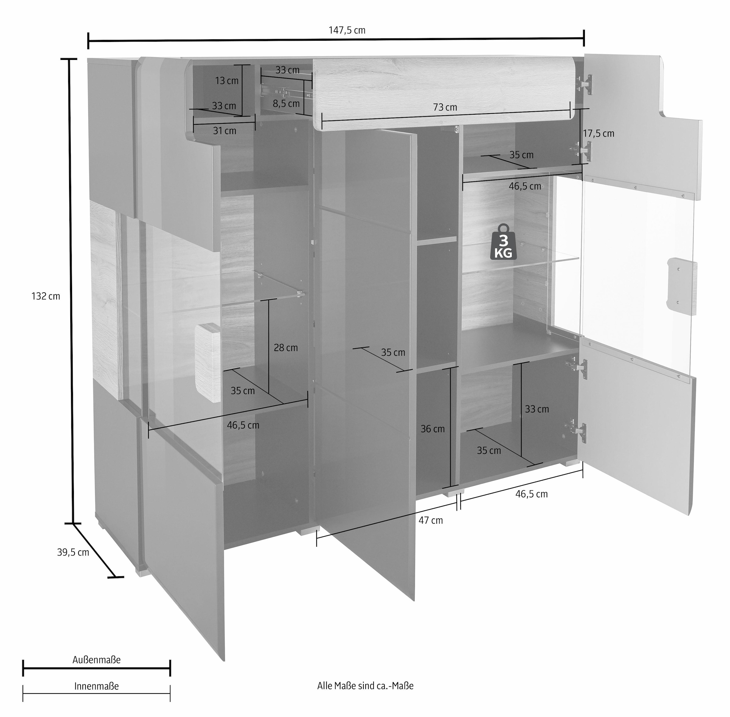 INOSIGN Highboard »Toledo,Breite 147,5cm,trendige Hochkommode mit 3Türen und Schublade« Hochschrank mit Glas-Partien,stylische Hochglanzfronten