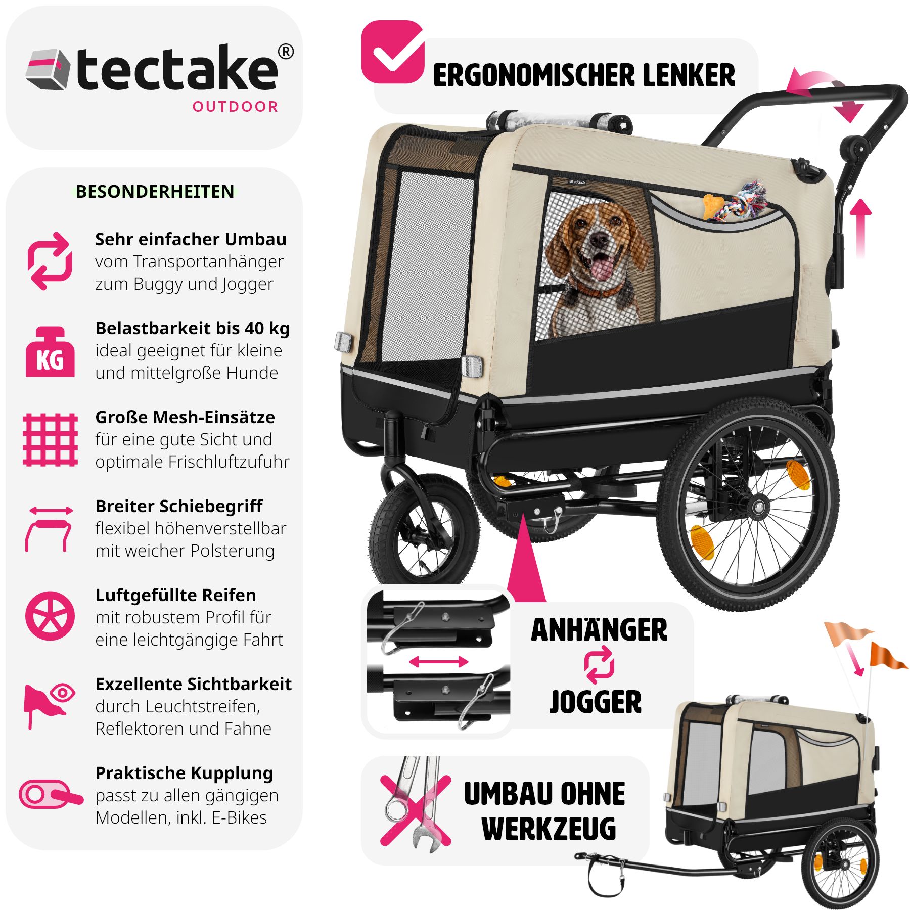 tectake® Hundeanhänger, 3in1 multifunktional, gefedert, Belastbarkeit 40 kg, 240 Liter, inklusive Reflektoren, Leine und Warnfahne