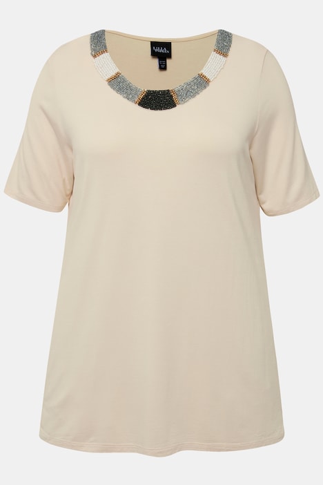 T-Shirt, Perlenstickerei, A-Linie, Rundhals, Halbarm