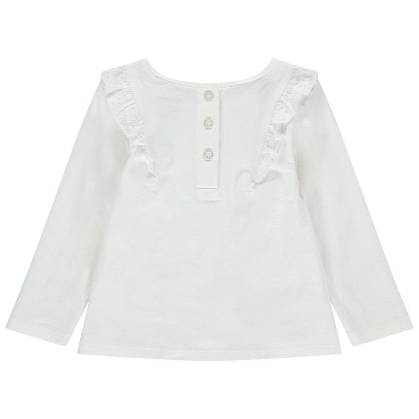T-shirt manches longues à broderie anglaise et volants - Ecru