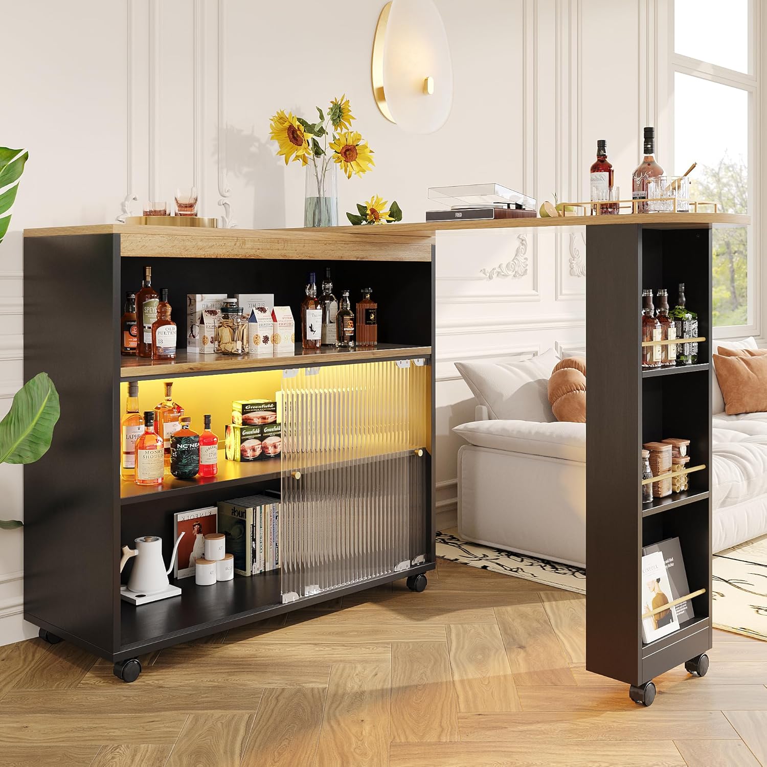 Bartisch Klappbar mit Stauraum, Bartisch Küche mit LED, Moderner Beweglicher Bar Tisch, Bar Table, Hochtisch, Kücheninsel, Küchentheke, Stehtisch Bistrotisch, (138-204×39×105cm), Schwarz