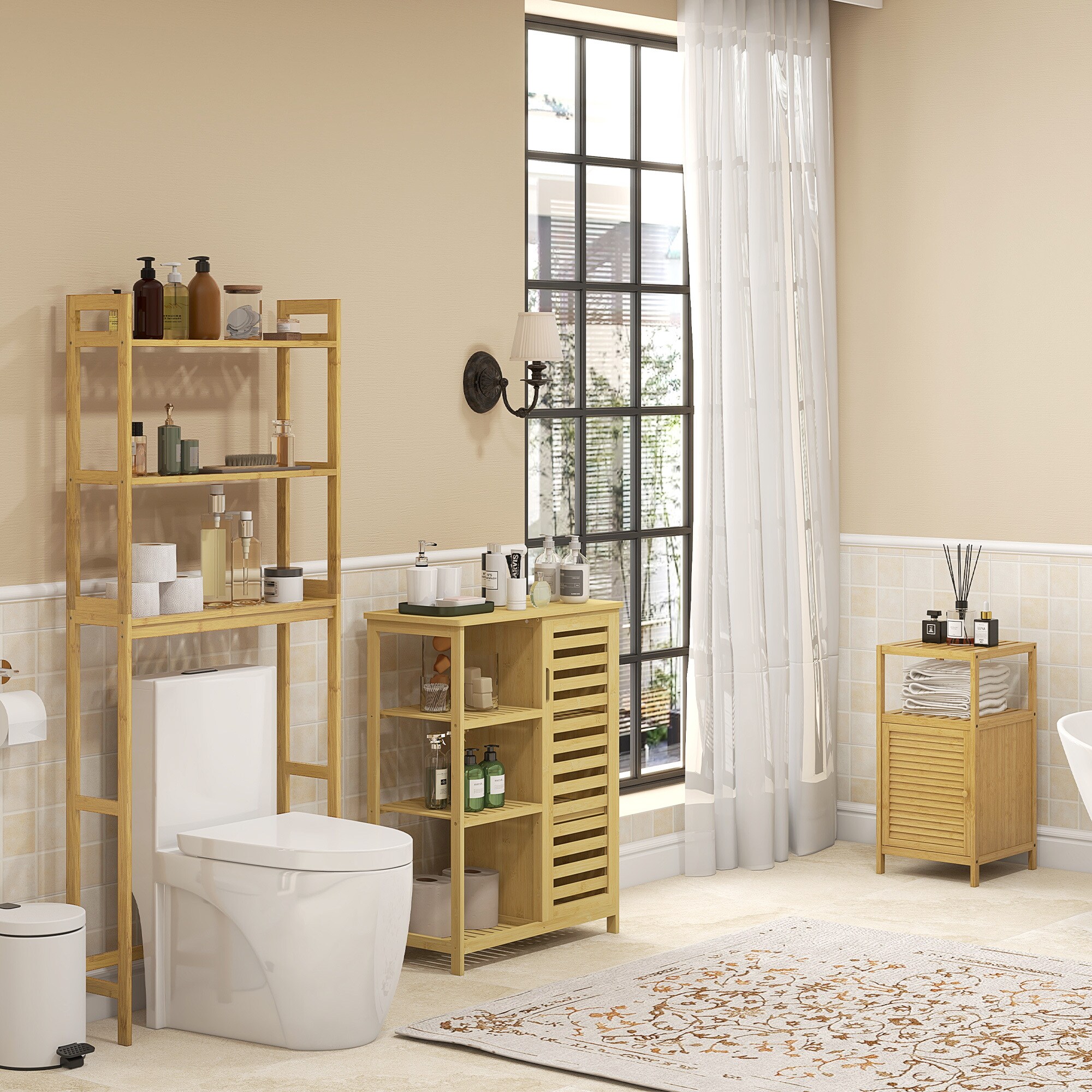 kleankin Badezimmerschrank mit offenem Regal und Kippschutz natur 66L x 33B x 87H cm