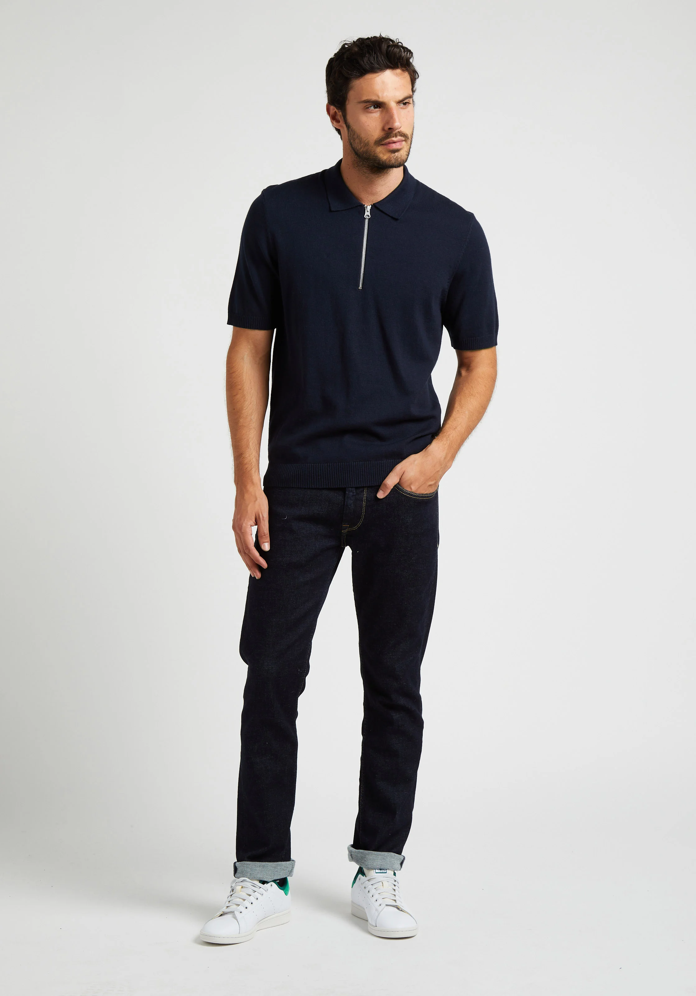 CONAL - Polo col zippé en coton bio mélangé| Bleu