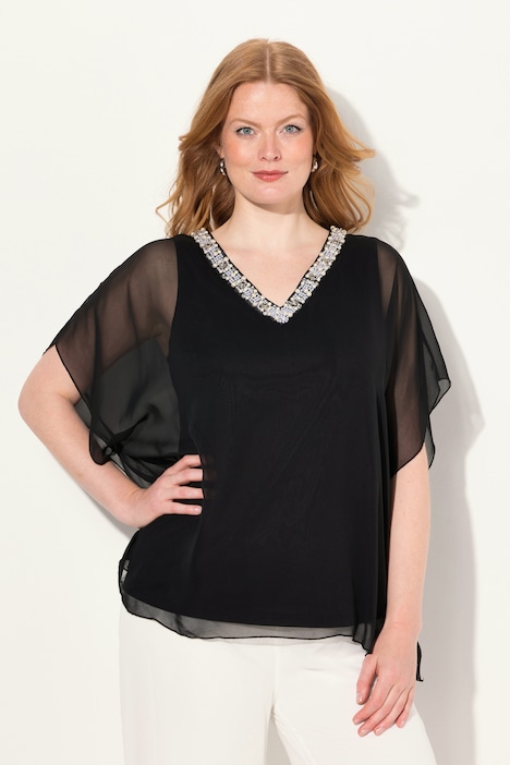 Chiffonbluse, doppellagig, V-Ausschnitt, Halbarm
