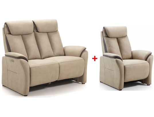 CONCEPT1 - Canapé tissu Paris beige 2 places électrique + fauteuil fixe
