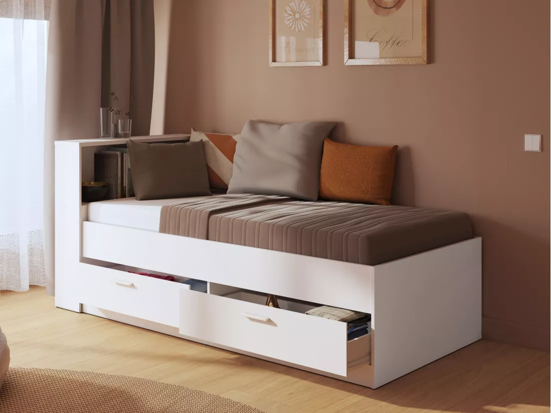 Lit 90 x 190 cm avec tiroirs et rangements - Coloris : Blanc - BORIS II
