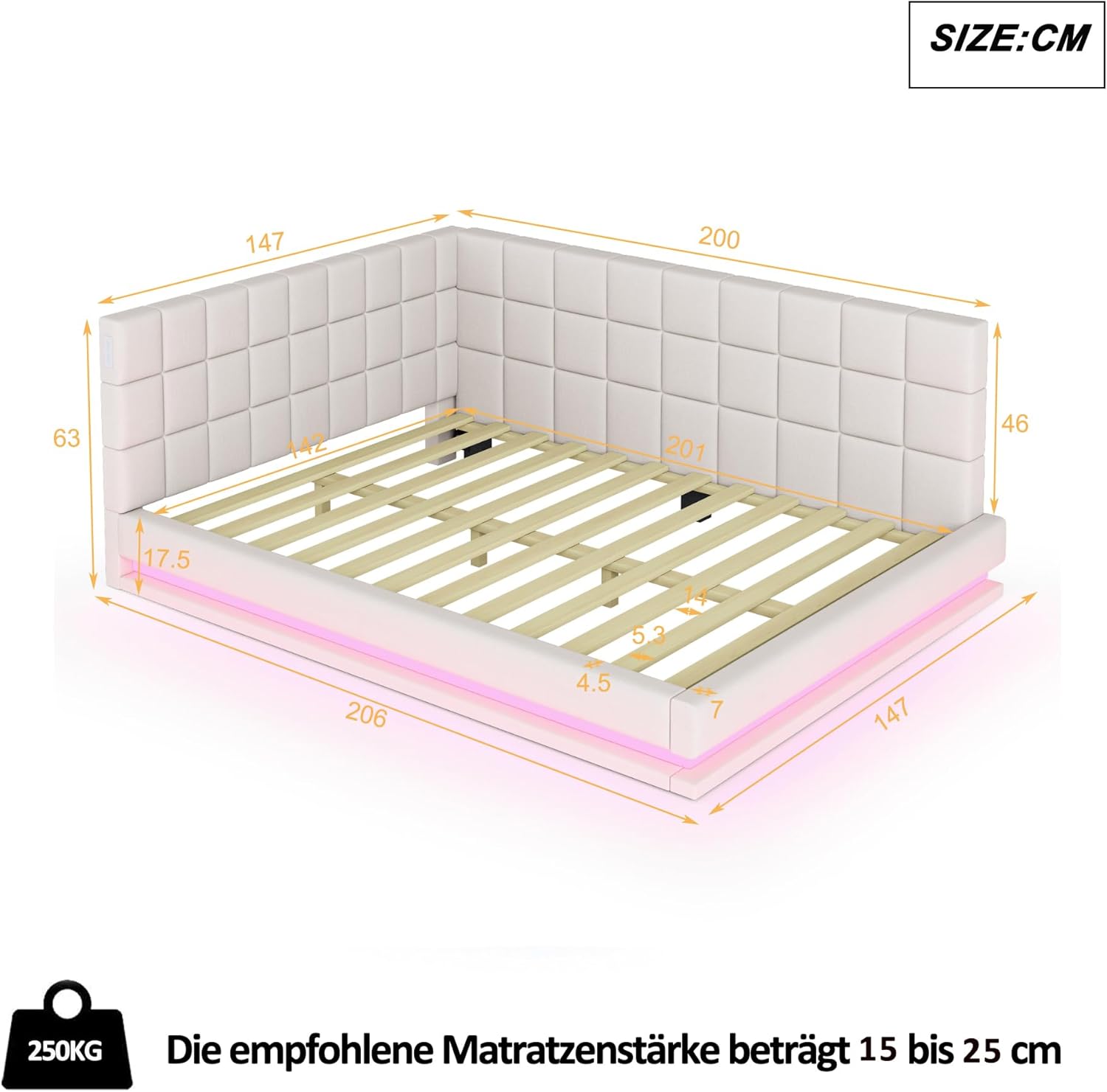 okwish Schlafsofa Daybett 140x200cm mit Lattenrost und LED Lichtleiste, Tagesbett Polsterbett mit USB Steckdose, Kinderbett Jugendbett (Ohne Matratze)- Beige