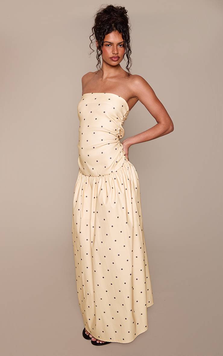Citron Robe Longue Bandeau Froncée En Tissu Tissé Extensible À Pois