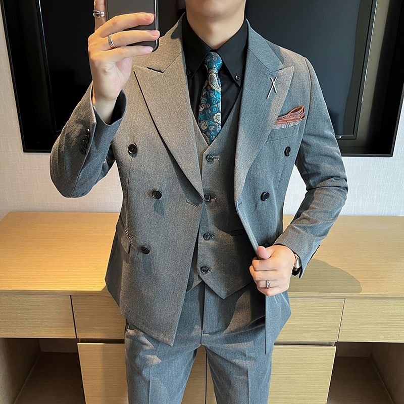 Blueforce - Set: effen dubbelrijs blazer met piekrevers + V-hals enkelrijs vest + hoge taille rechte broek