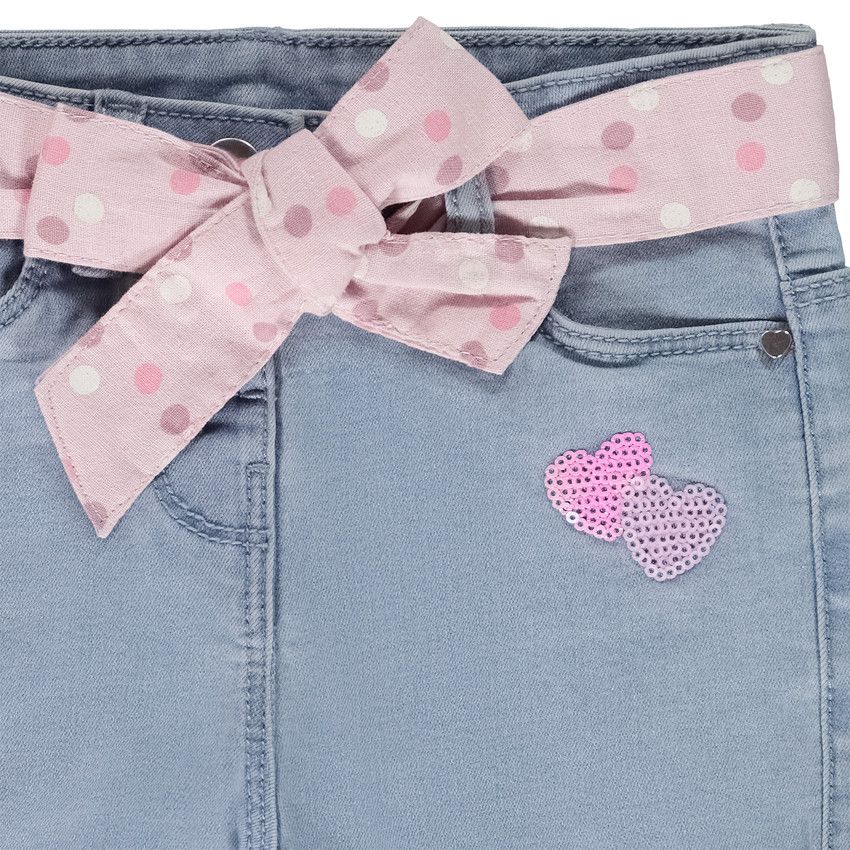 Short en denim avec ceinture foulard et coeurs en sequins pour bébé fille - Bleu