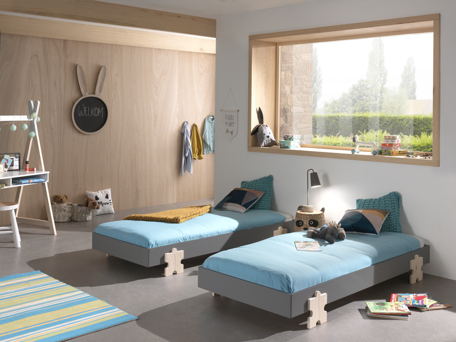 2-teiliges Stapelbett-Set MODULO - grau - Puzzle - 90x200 cm