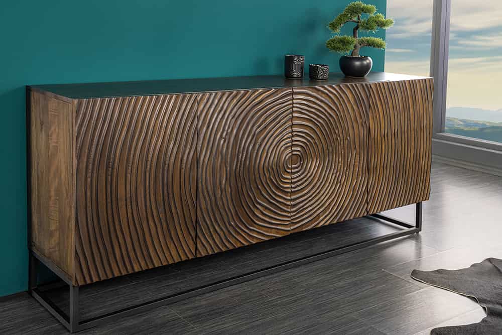 Massives Sideboard ZEN CIRCLES 180cm dunkelbraun Mangoholz 3D-Design