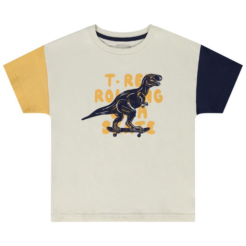 T-shirt manches courtes color block print dino pour garçon - Ecru