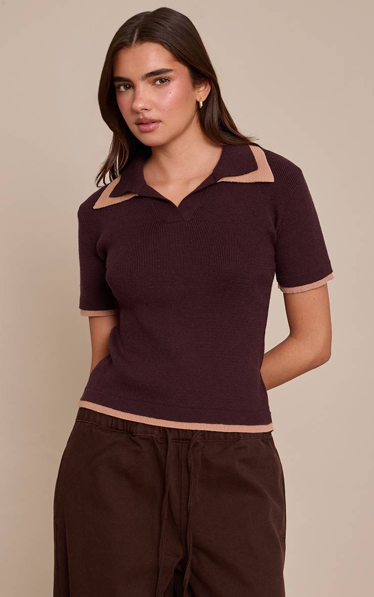 Chocolat Haut Polo En Maille Double Épaisseur Marron