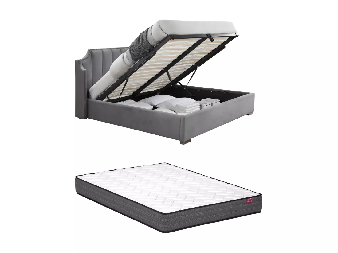 Lit coffre 160 x 200 cm avec tête de lit incurvée - Velours - Gris clair + Matelas - TEOMIS