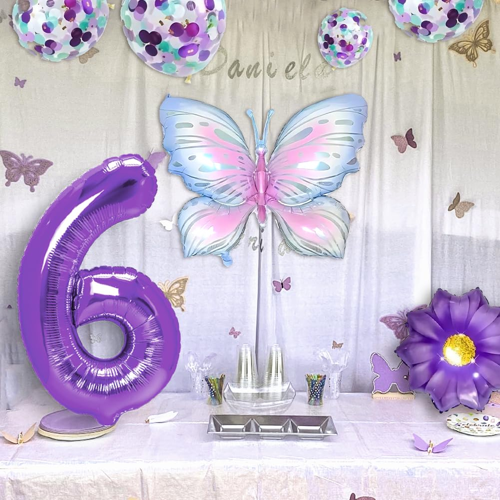 (7-tlg. Set) Zahlen Ballon Kinder Geburtstags Party Folienballon inkl. Latex Luftballons - Zahl 6 / Schmetterling