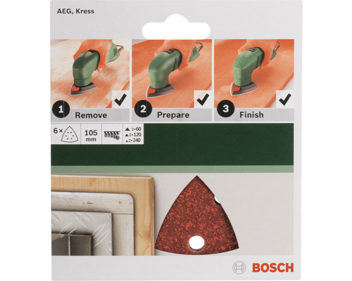 Schuurblad voor Bosch handschuurmachine, 105x105x105 mm, korrel 60/120/240, 6-gats, 6 stuks