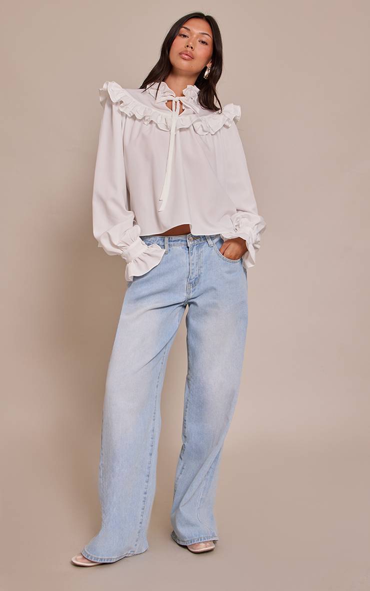 Blanc Chemise À Manches Longues En Coton Avec Col Montant Et Détails À Volants