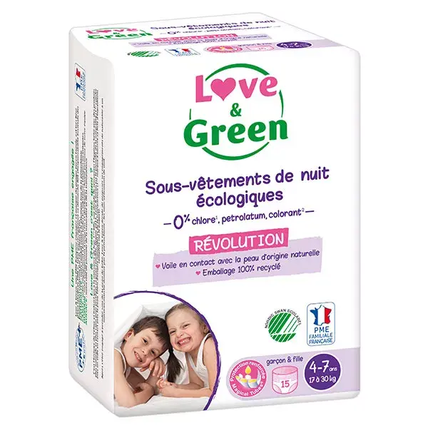 Pijamas ecológicos Love & Green para crianças de 4 a 7 anos, pacote com 15 unidades