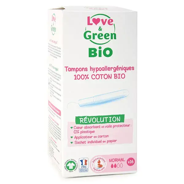 Love & Green Absorventes internos hipoalergênicos com aplicador, fluxo normal, orgânicos, pacote com 16 unidades.