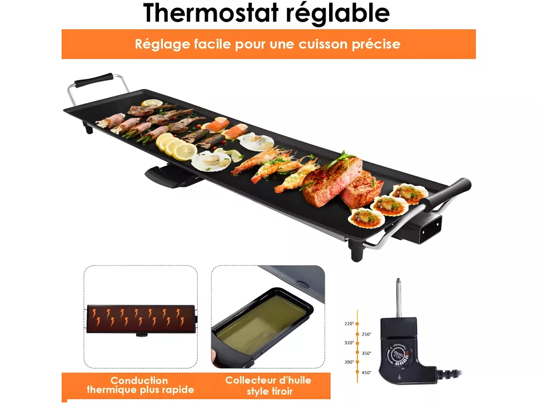 Plancha Electrique Antiadhésive 90X23CM avec 6 Spatules,1800W-230V,50HZContrôle de Thermostat Adjustable 5 Niveaux,Tiroir Collecteur d’Huile