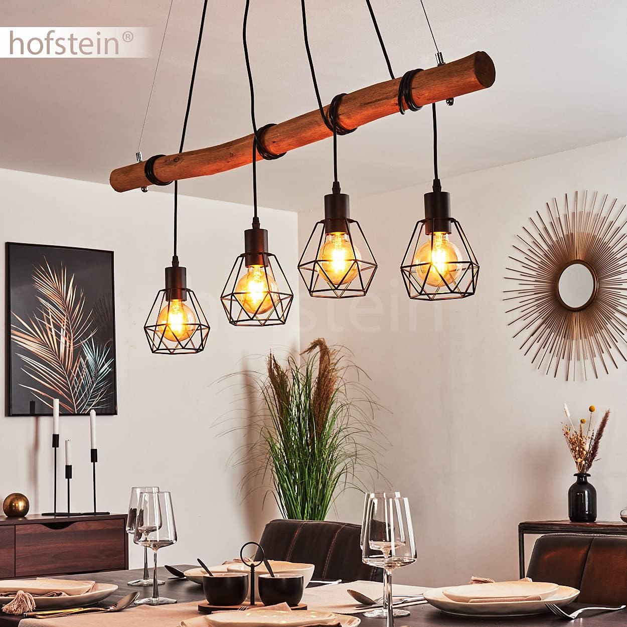 HOFSTEIN Pendelleuchte Seegaard, 4-flammige Hängelampe aus Metall in schwarz und Holz, Vintage/Boho Style Zimmerlampe, 4 x E27, Leuchtenköpfe individuell einstellbar, für Esszimmer, Wohnzimmer, Küche