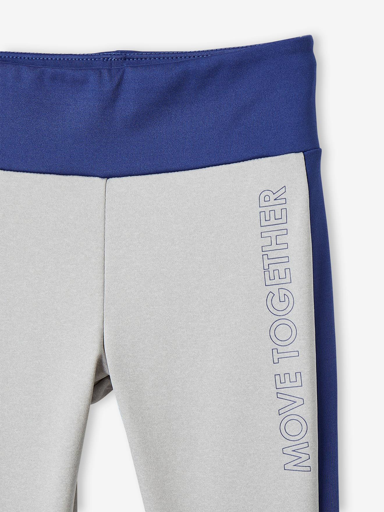Leggings esportivas femininas em tecido técnico com listras laterais, cinza mesclado.