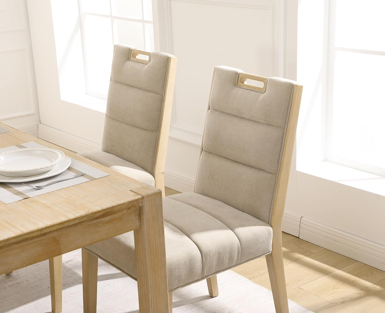 Esszimmerstühle 2er Set Chenille Polsterstuhl mit Holzbeinen Moderne Küchenstühle mit Oberer Griff für Esszimmer/Restaurant, Beige