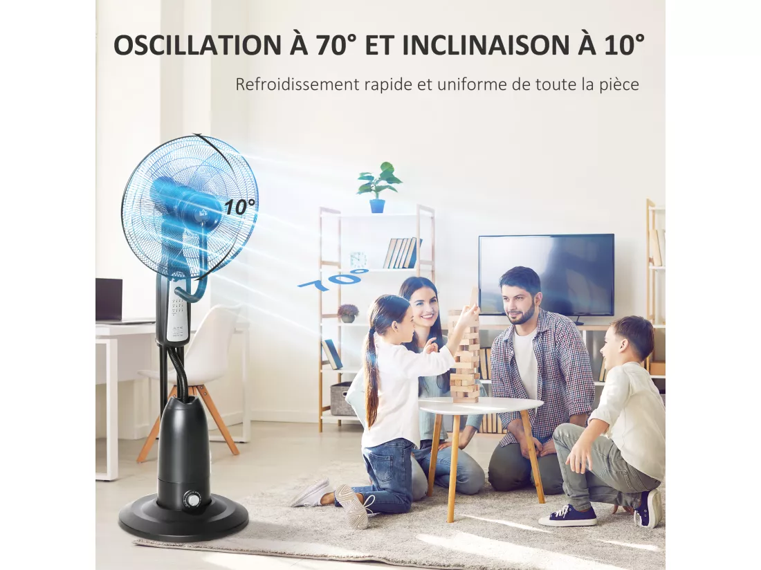 HOMCOM Ventilateur brumisateur sur roulettes - oscillant, inclinable silencieux 90 W avec télécommande - timer 3 modes 3 vitesses - gris noir