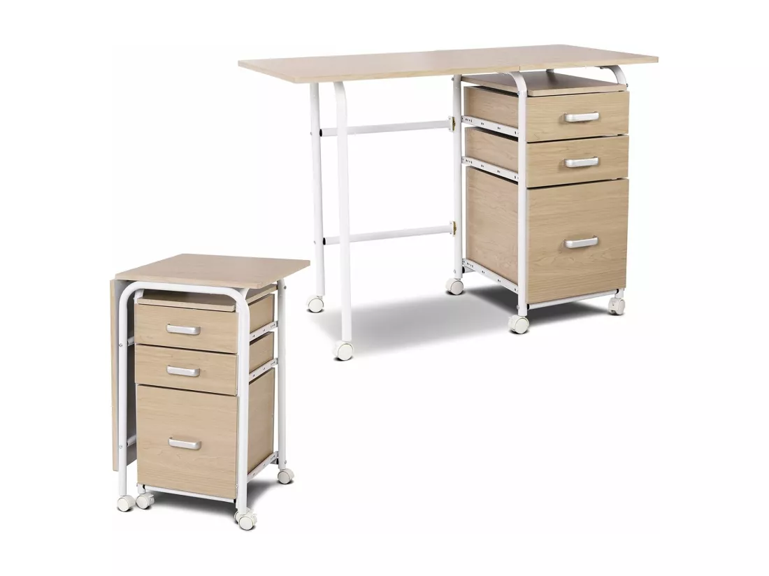 Bureau Pliable avec 3 Tiroirs, Table d'Écriture Roues Verrouillables, Bureau à Domicile Roulant avec Cadre en Métal, Bureau Compact pour Dortoir, Appartement Naturel