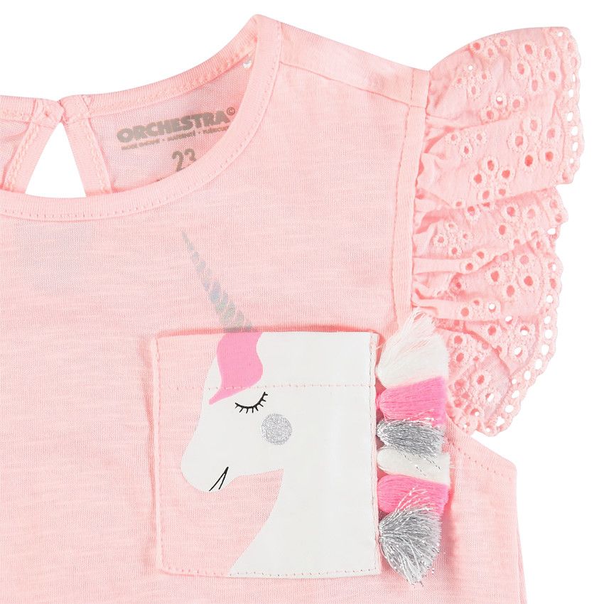 T-shirt à manches courtes volantées et poche imprimée - Rose