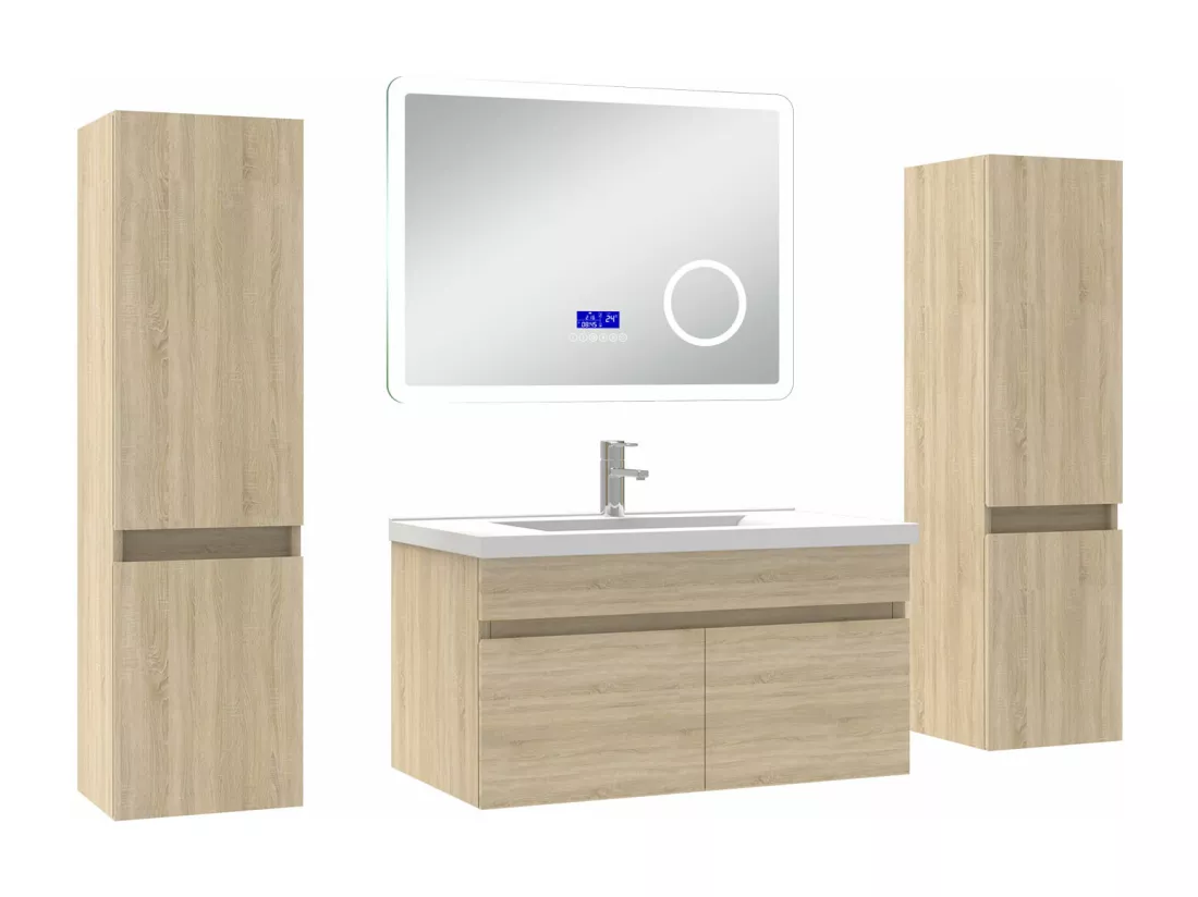 AICA Ensemble meuble Salle de Bain Chêne Wotan 80cm avec 2 colonnes, simple vasque et Led miroir dimmable avec 3 couleurs, Bluetooth et 3X grossissement.
